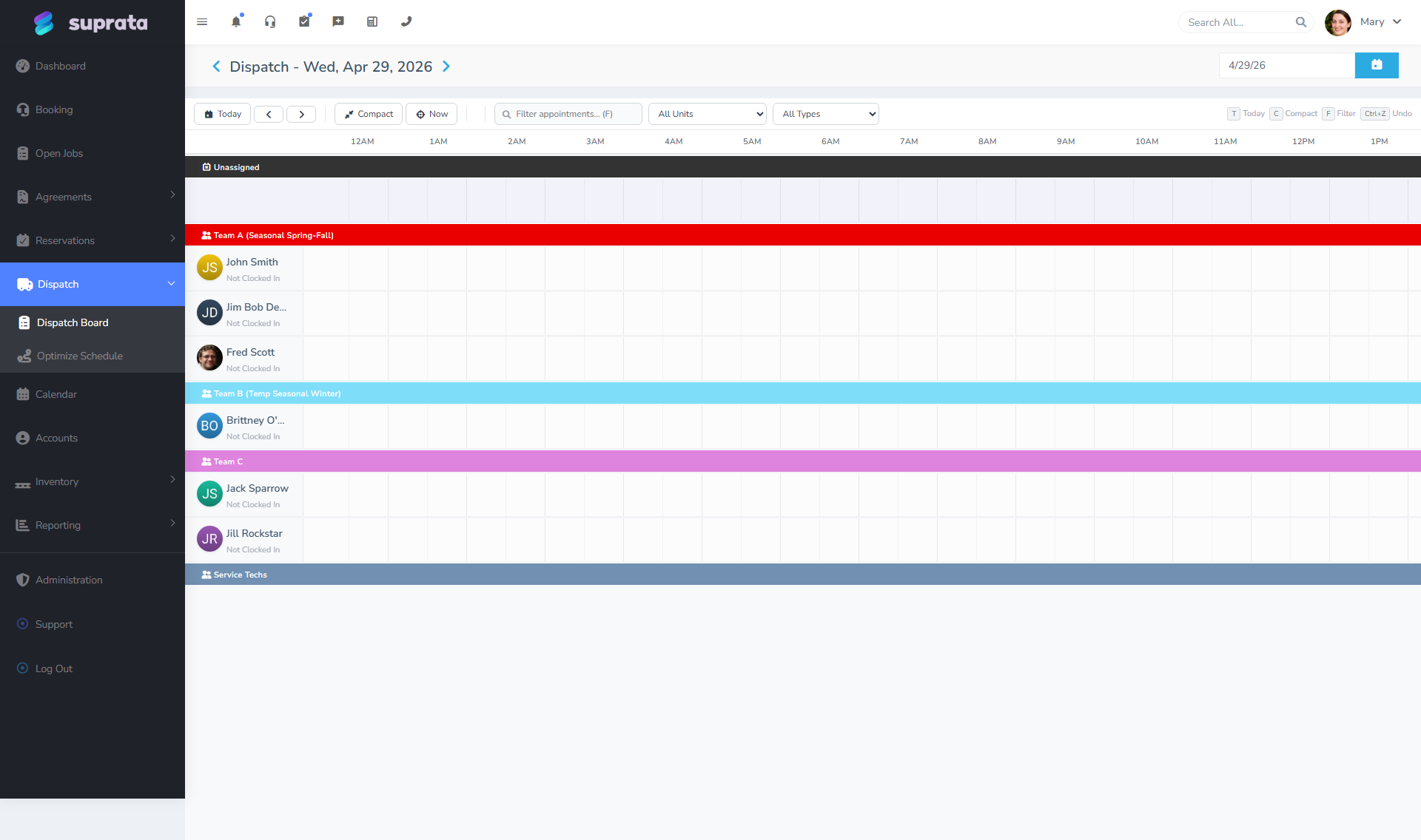 The dispatch board — appointments lined up across techs, with status colors indicating which have been confirmed
