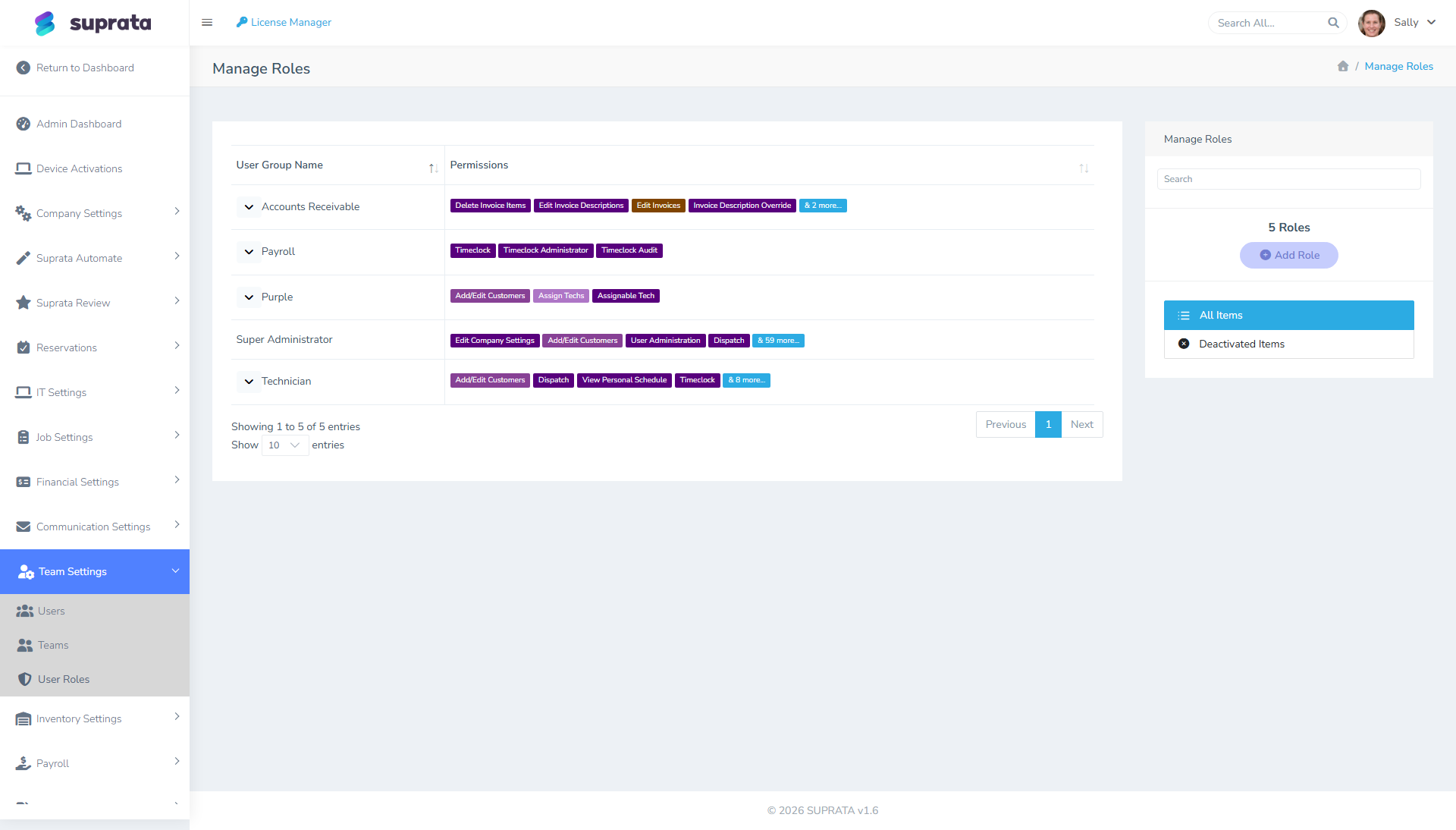 The Manage Roles screen — each role shows its granted permission chips
