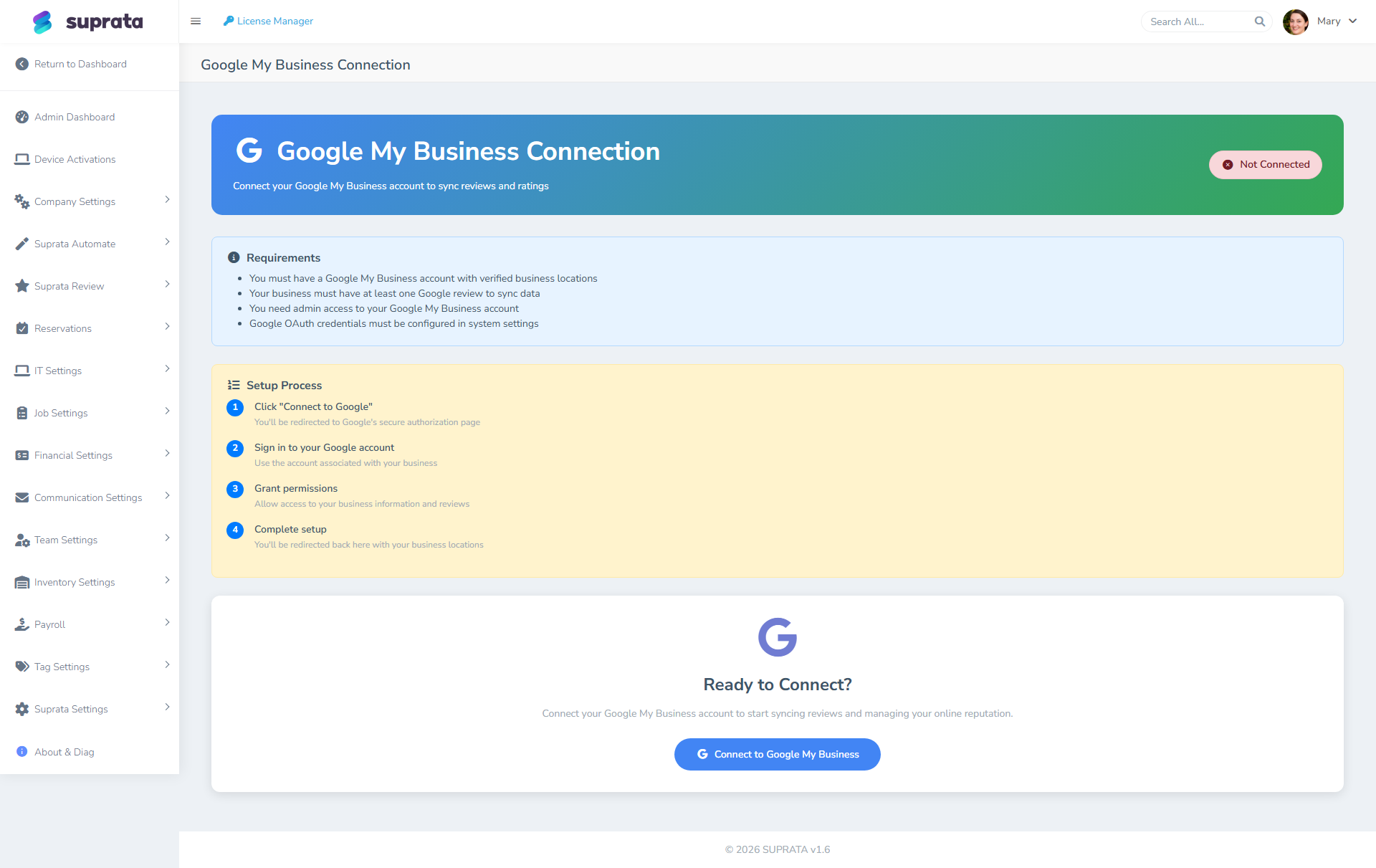 The Google review connect screen — where the OAuth flow lands you for location selection