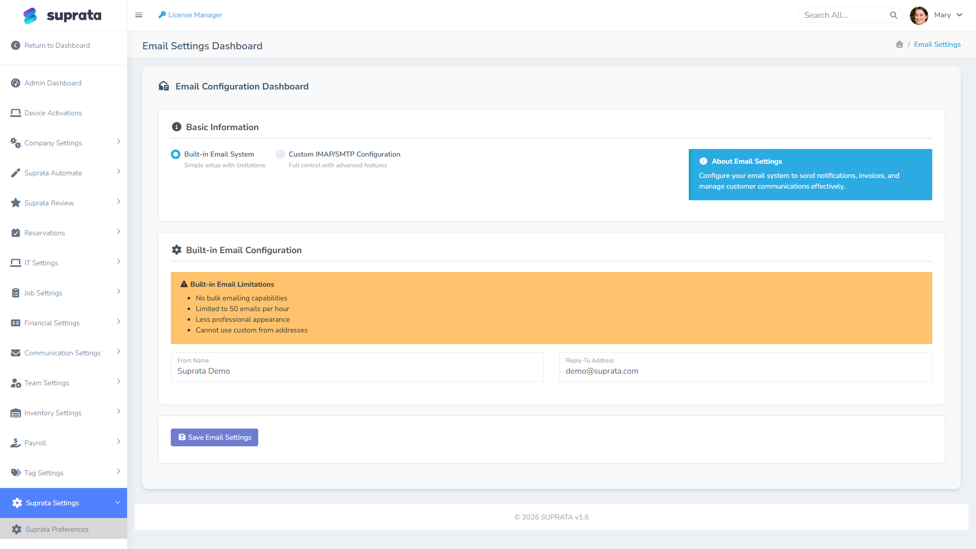 Email settings — your email connection and the recent-sends log