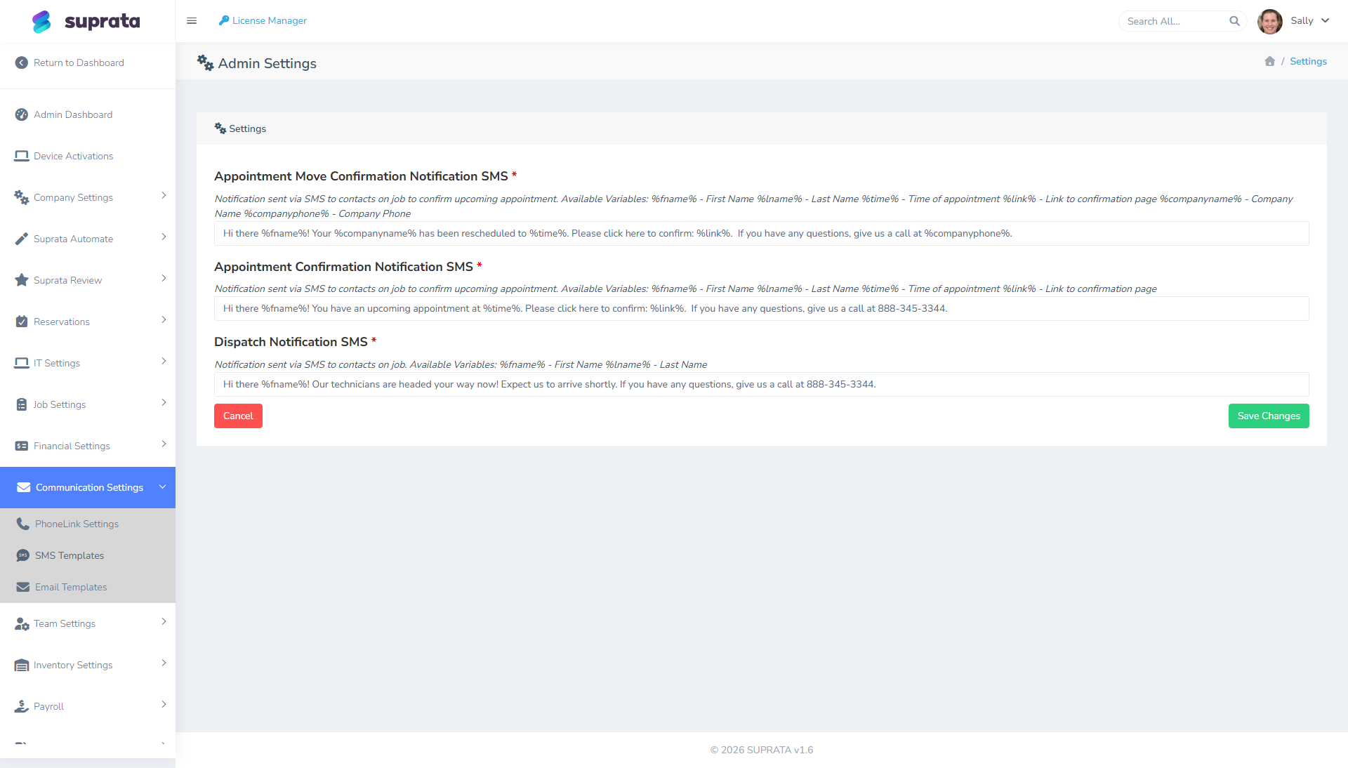 SMS templates use the same variable-substitution pattern as email — %fname%, %companyname%, %link%