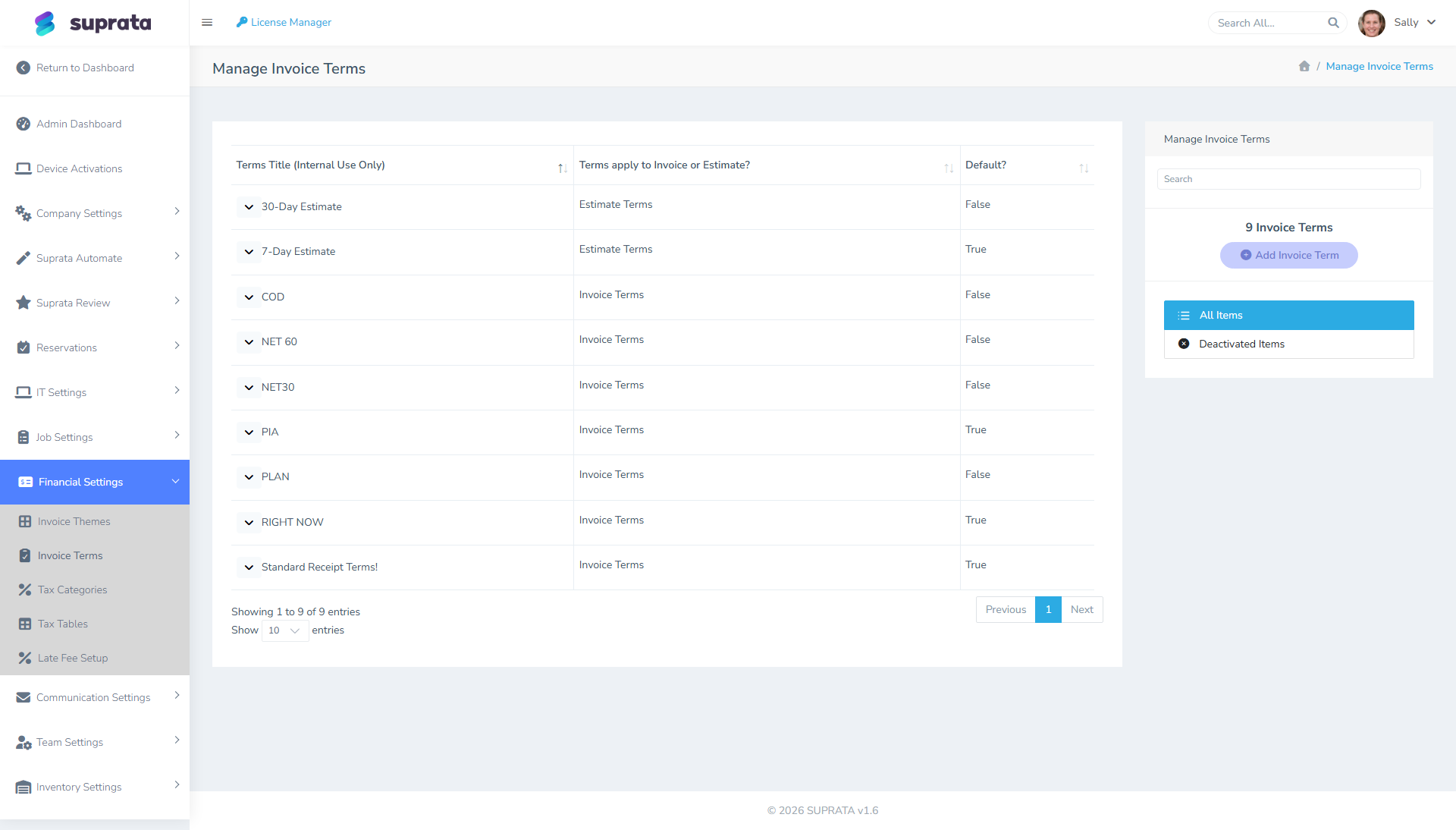 The Invoice Terms catalog — note the Estimate vs. Invoice classification