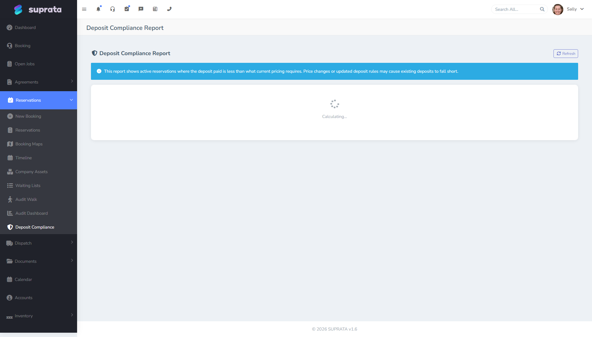 The deposit compliance dashboard — surfaces reservations where the deposit isn't aligned with policy