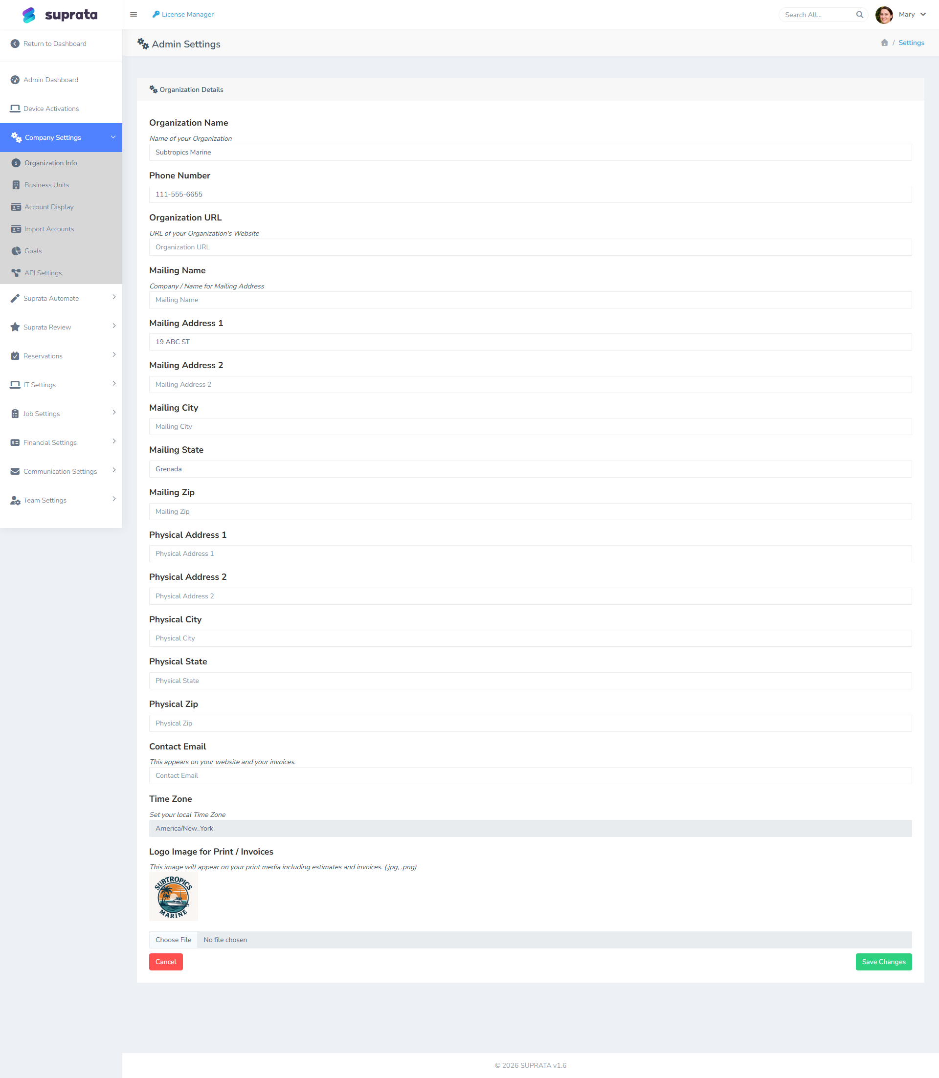Company Settings — where the business address lives