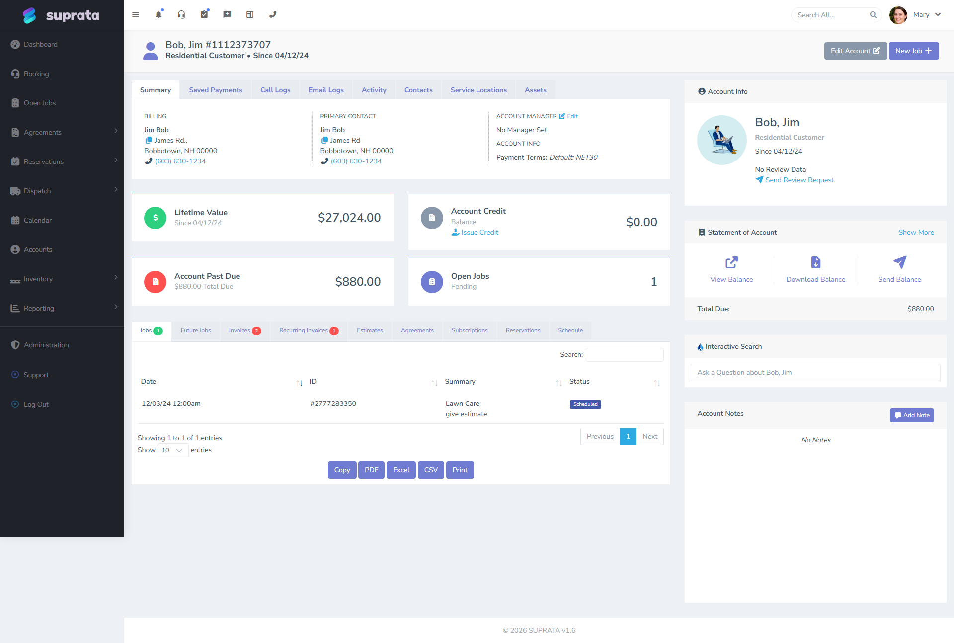 A sample customer's account page — the Jobs tab is where you drill in to find any job's attachments