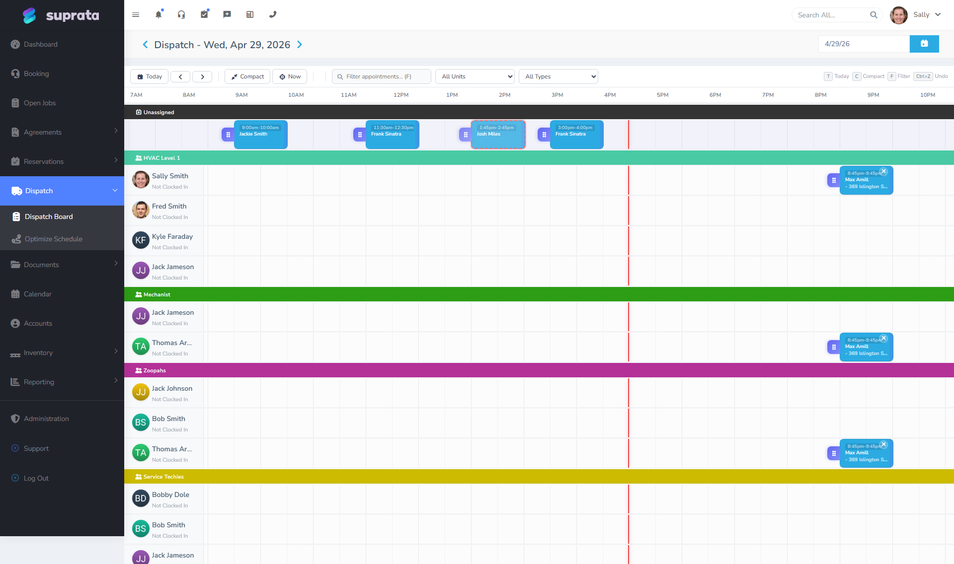Statuses are visible as colored chips and bands across the dispatch board