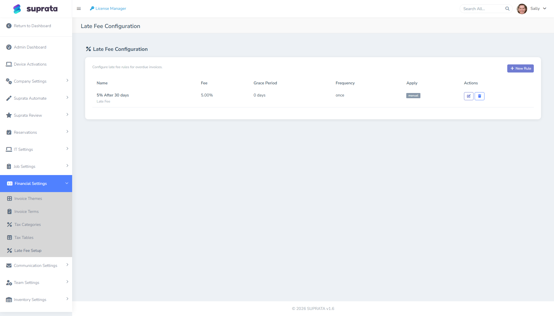 The late-fee setup screen — define the rules Suprata applies to overdue balances