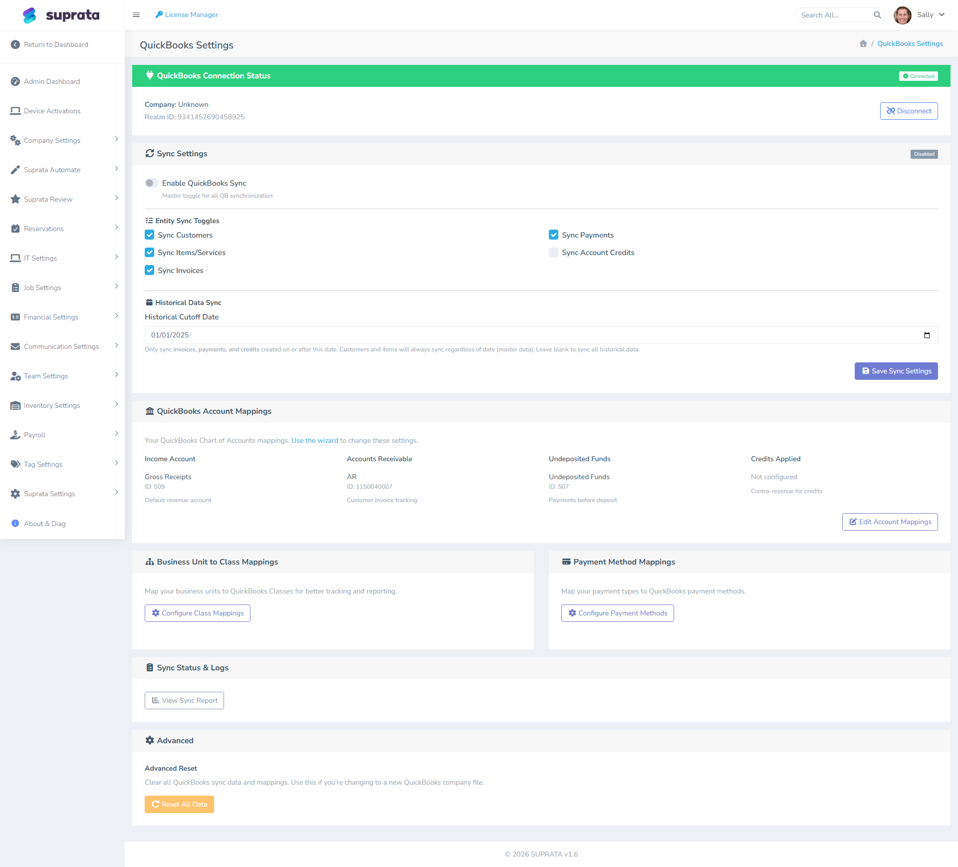 The QuickBooks Settings screen — connection status, sync toggles, account mappings