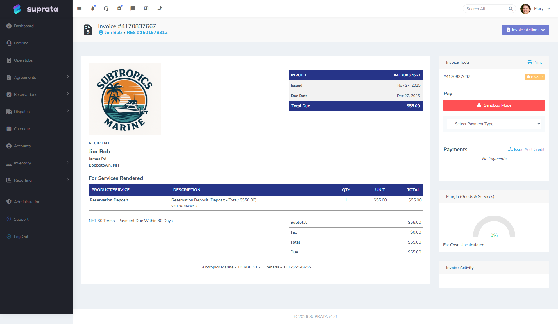 An invoice ready to send — line items, totals, and the Send Invoice action in the right sidebar