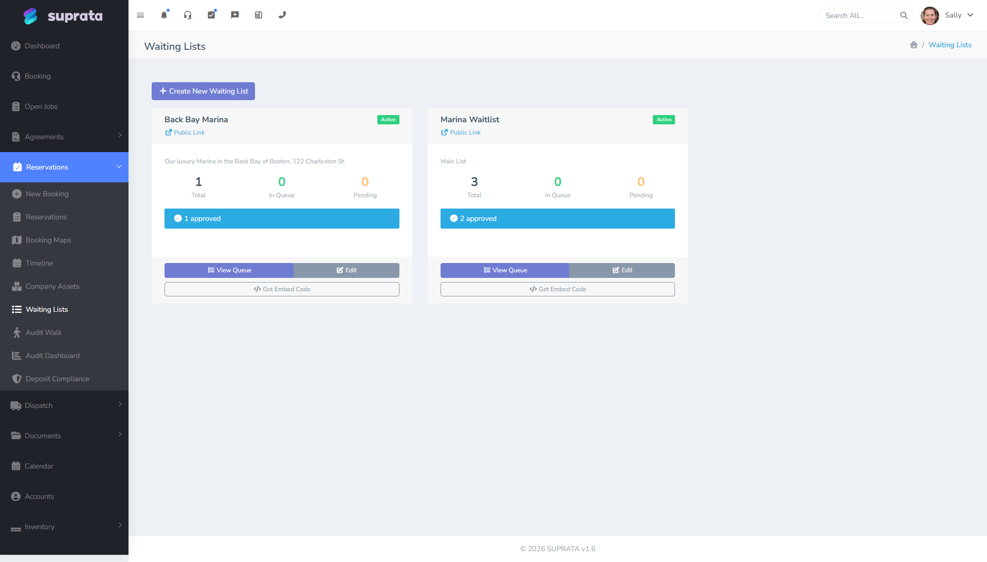 The waitlist admin — where active lists are managed alongside their queues