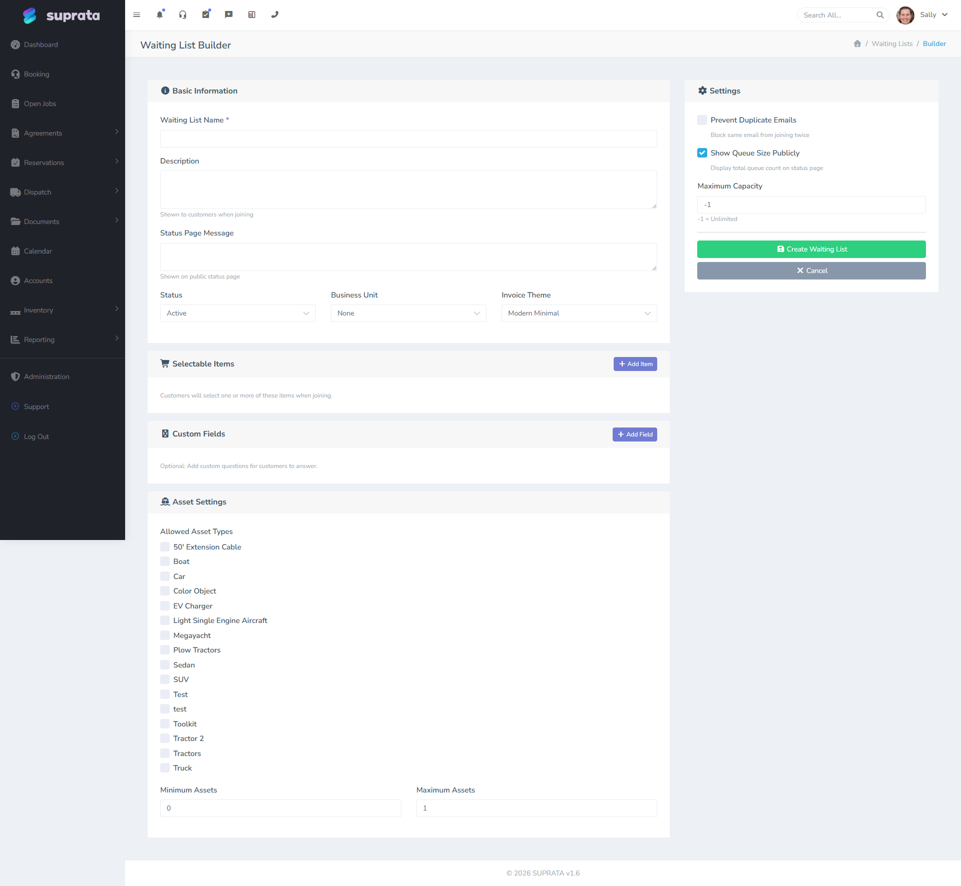 The waitlist builder, where the list and its fields are designed