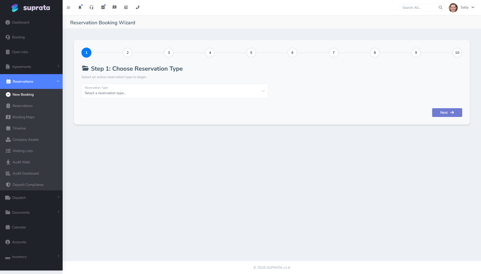 The booking wizard — guides the user through asset selection, dates, customer, deposit, and confirmation