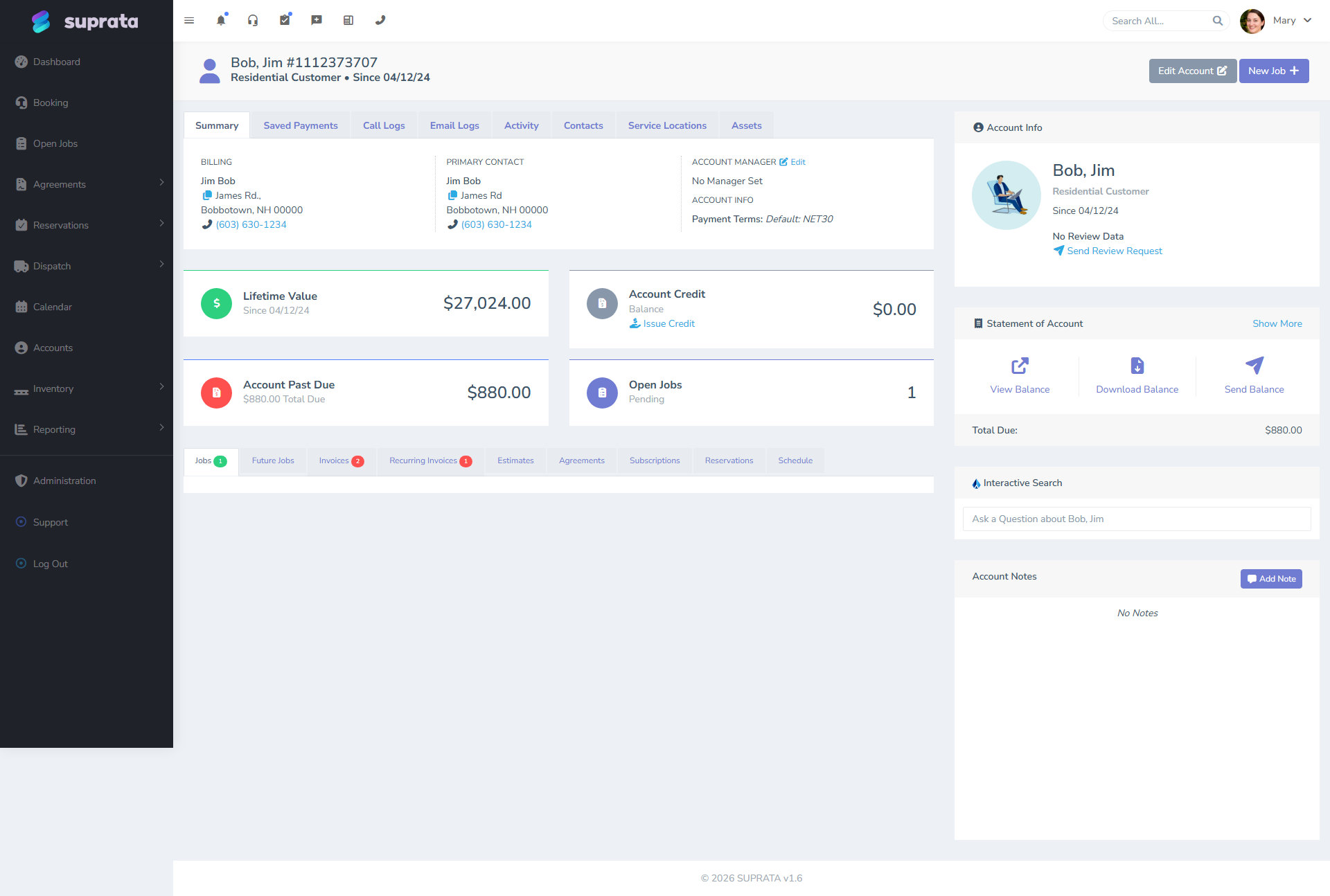 The customer account view showing communication history alongside their job and invoice activity