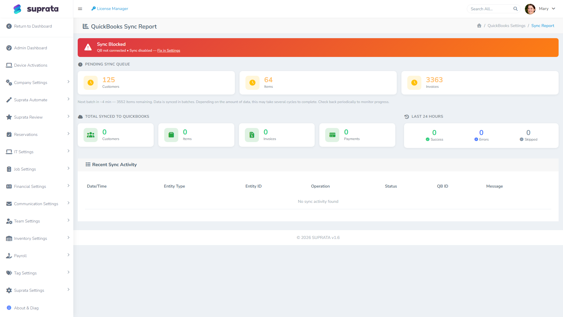 The QuickBooks sync report — every push, every error, with the failing record linked