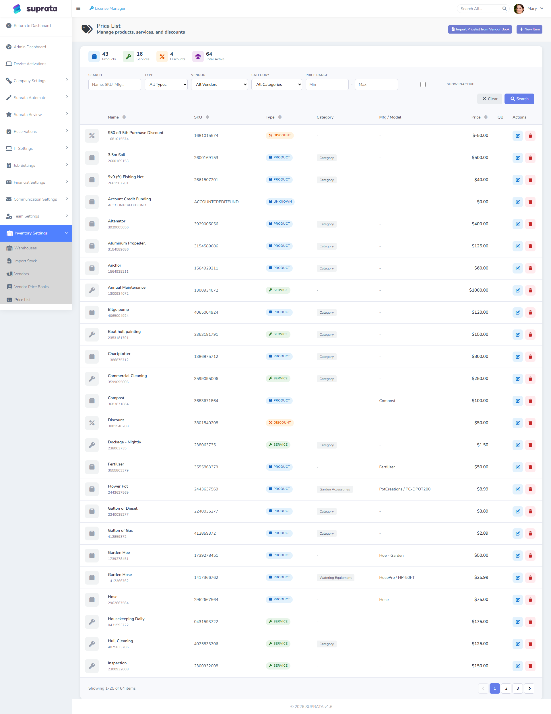 The pricelist with each item's tax category — this is what drives the tax on each invoice line