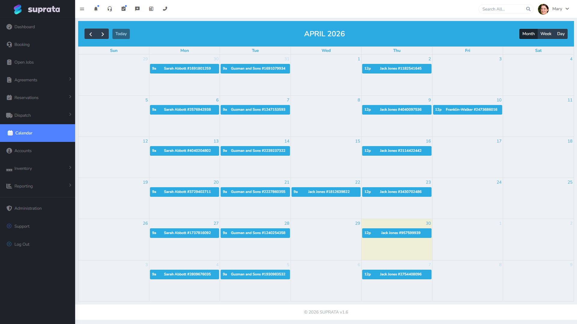 The calendar — see the day's bookings at a glance