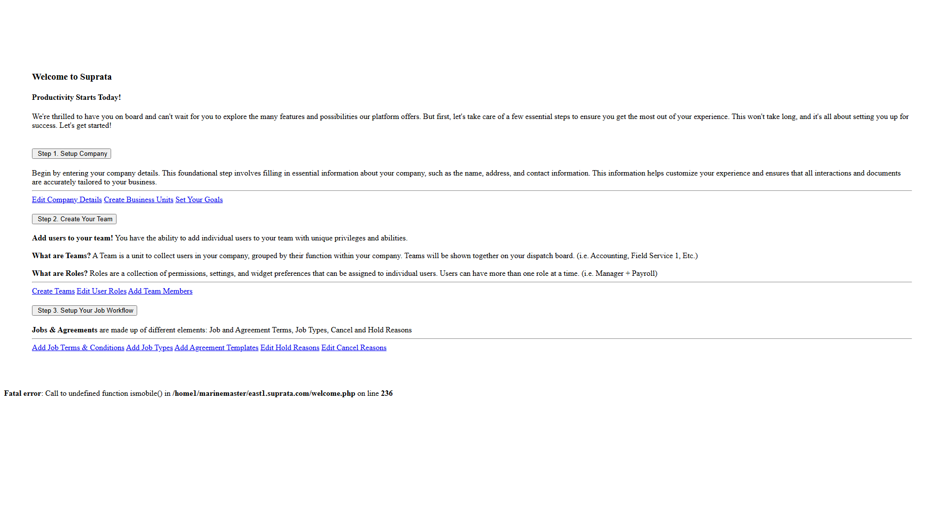 The welcome page — the entry to the onboarding wizard for new tenants
