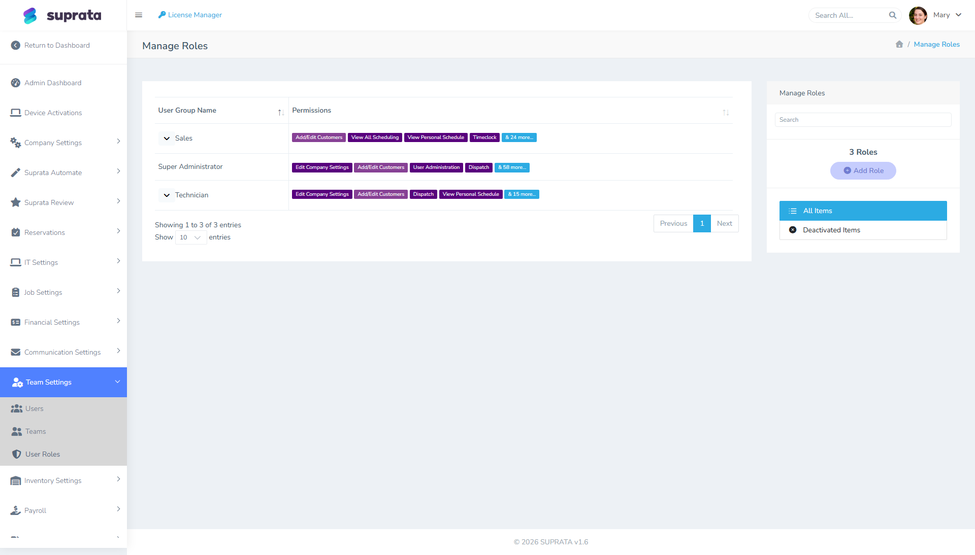 The role permissions screen — every available permission as a togglable chip